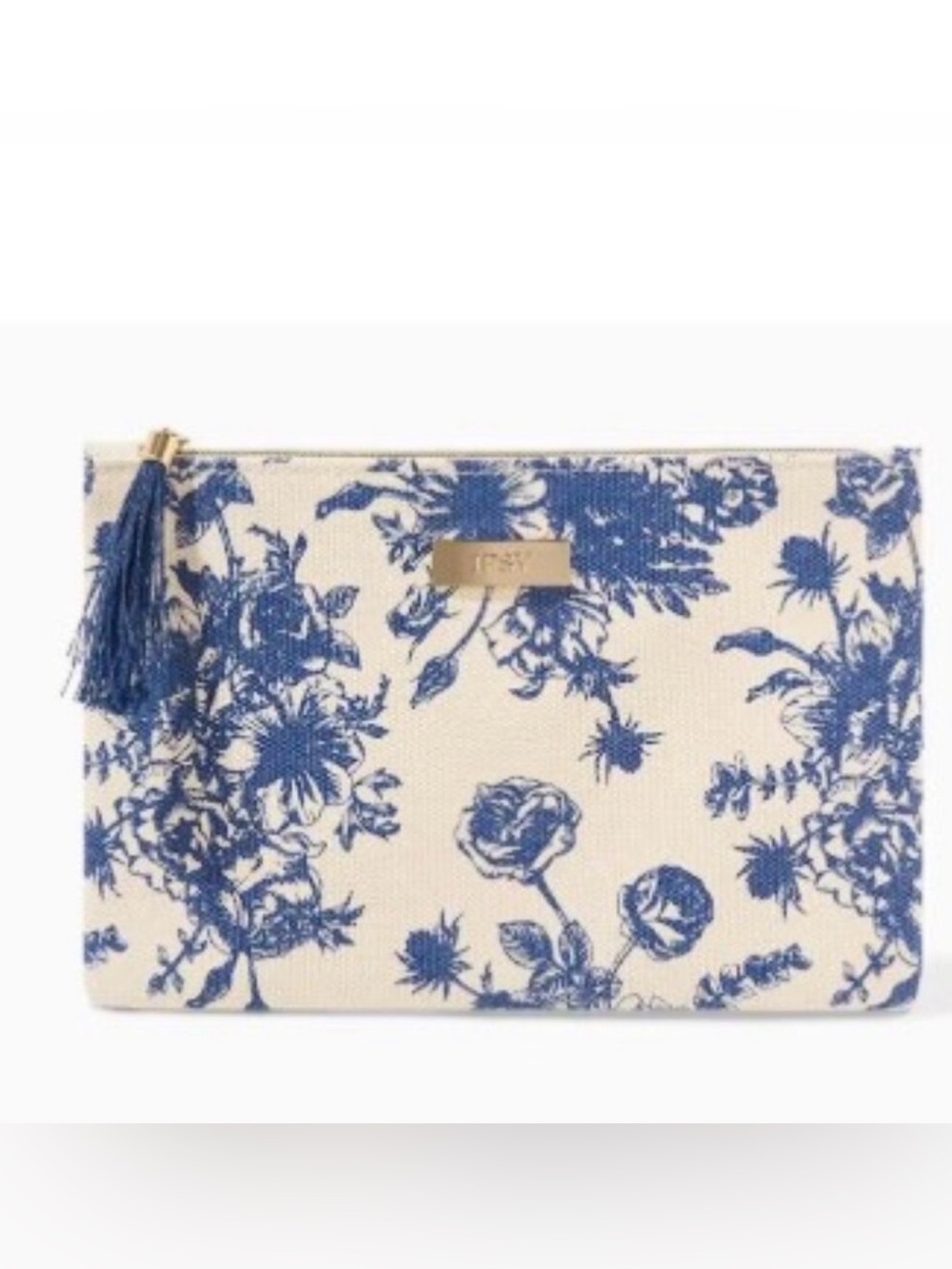 ipsy Blue Floral Canvas Cosmetic Pouch with Tassel